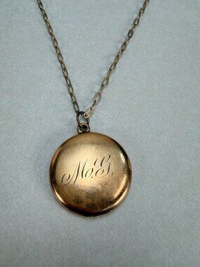 Vintage Gold Filled Round Locket Necklace Engraved M.E. Mid Century Estate